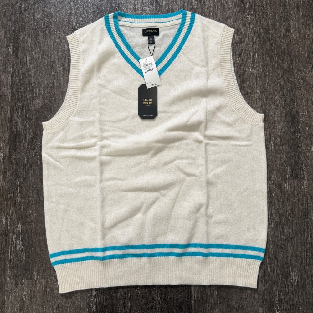 Club Room Mens Luxury Cashmere White Blue V Neck Sweater Vest L NWT $178 Preppy